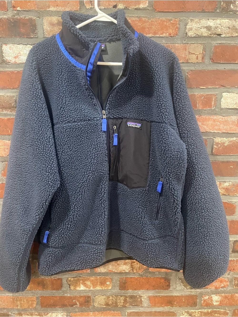 Patagonia RETRO-X Navy Blue Sherpa Fleece Jacket with Black Chest Pocket